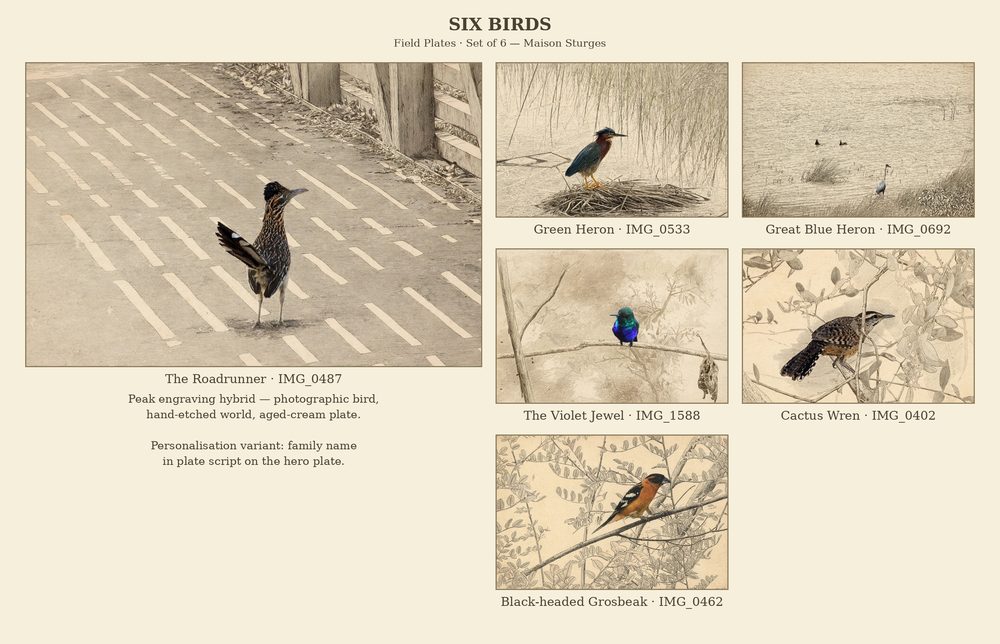 Six Birds — Field Plates, Set of 6 (Engraved)